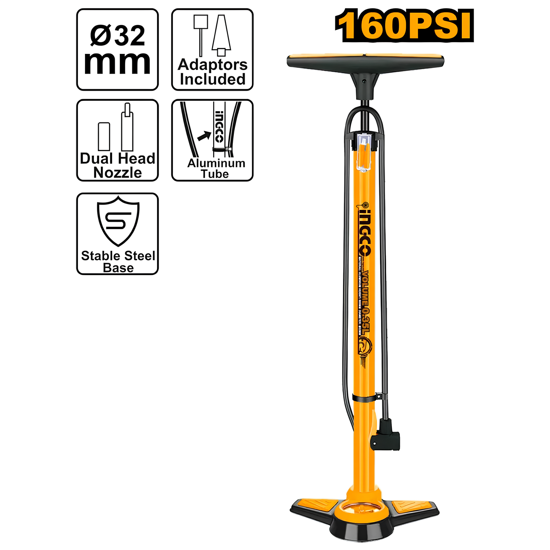 Ingco MPP3201 T Saplı Saatli Alüminyum Gövde Hava El Pompası 69cm