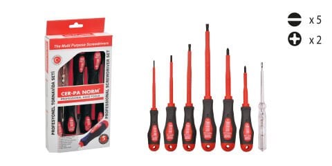 Cer-Pa Norm Prosoft 7 Parça İzoleli Tornavida Takımı/Seti (4xDüz/2xYıldız/1xKontrol Kalemi)
