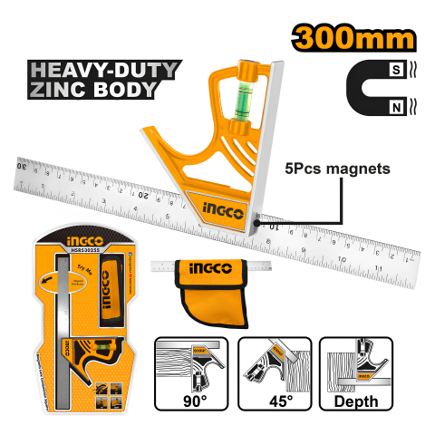 Ingco HSR530255 300mm Manyetik Kilit Kombinasyonlu Çelik Gönye/Cetvel