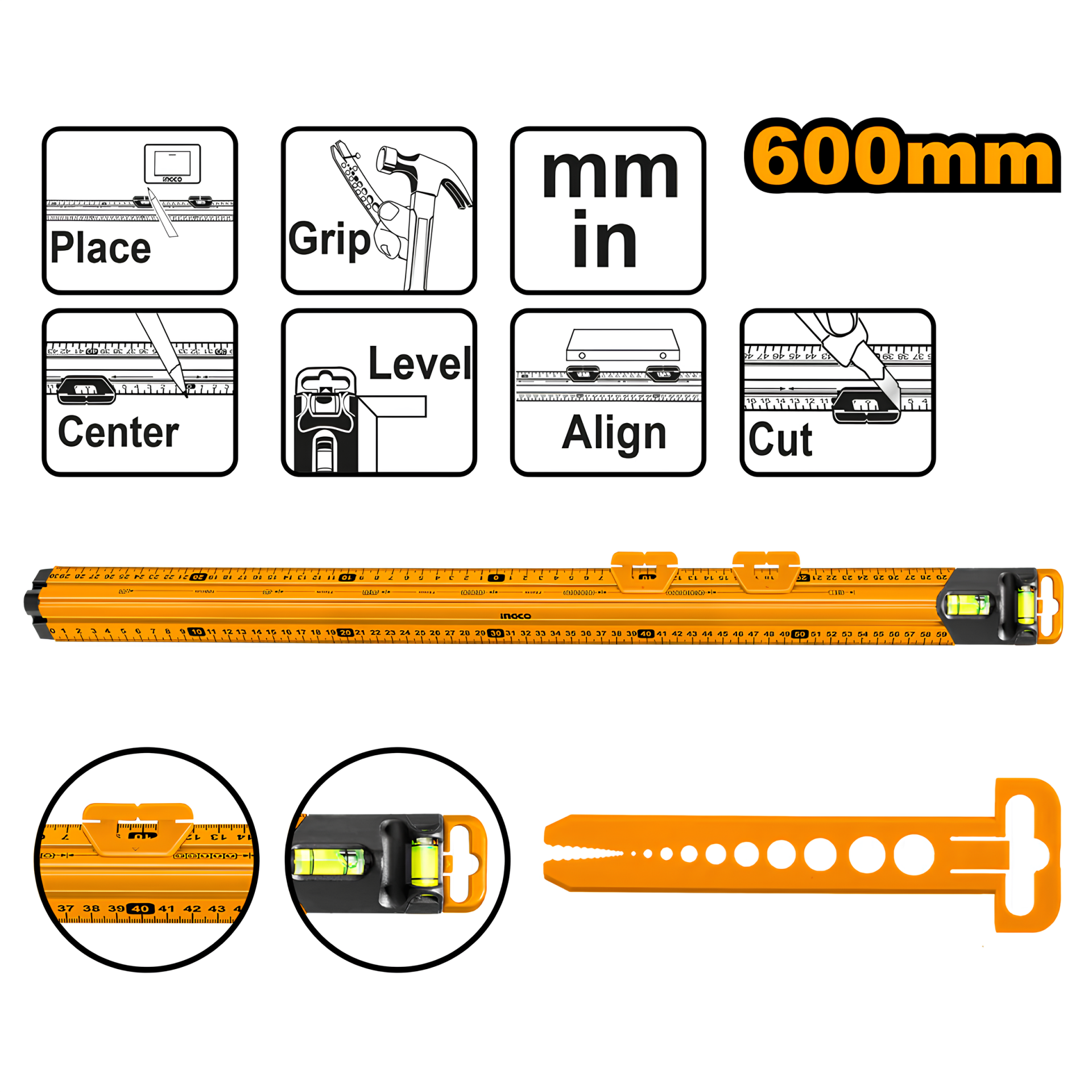 Ingco HSR36003 60cm Endüstriyel Alüminyum Su Terazili Cetvel