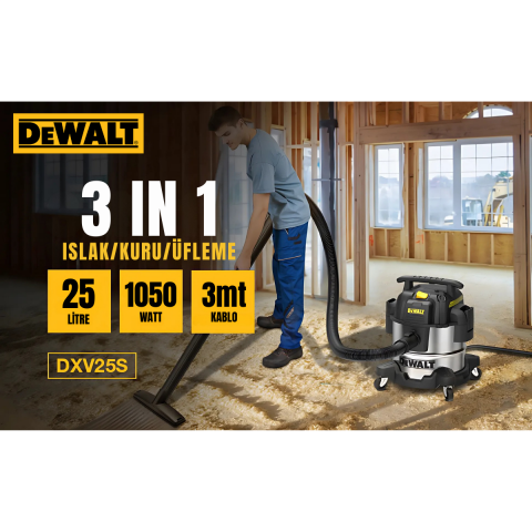 Dewalt DXV25S 1050W 25Lt Paslanmaz Islak ve Kuru Elektrikli Süpürge