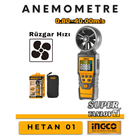 Ingco HETAN01 Dijital Ekranlı Anemometre Rüzgar Ölçer (Rüzgar/Hava Hızı Ölçme Aleti)