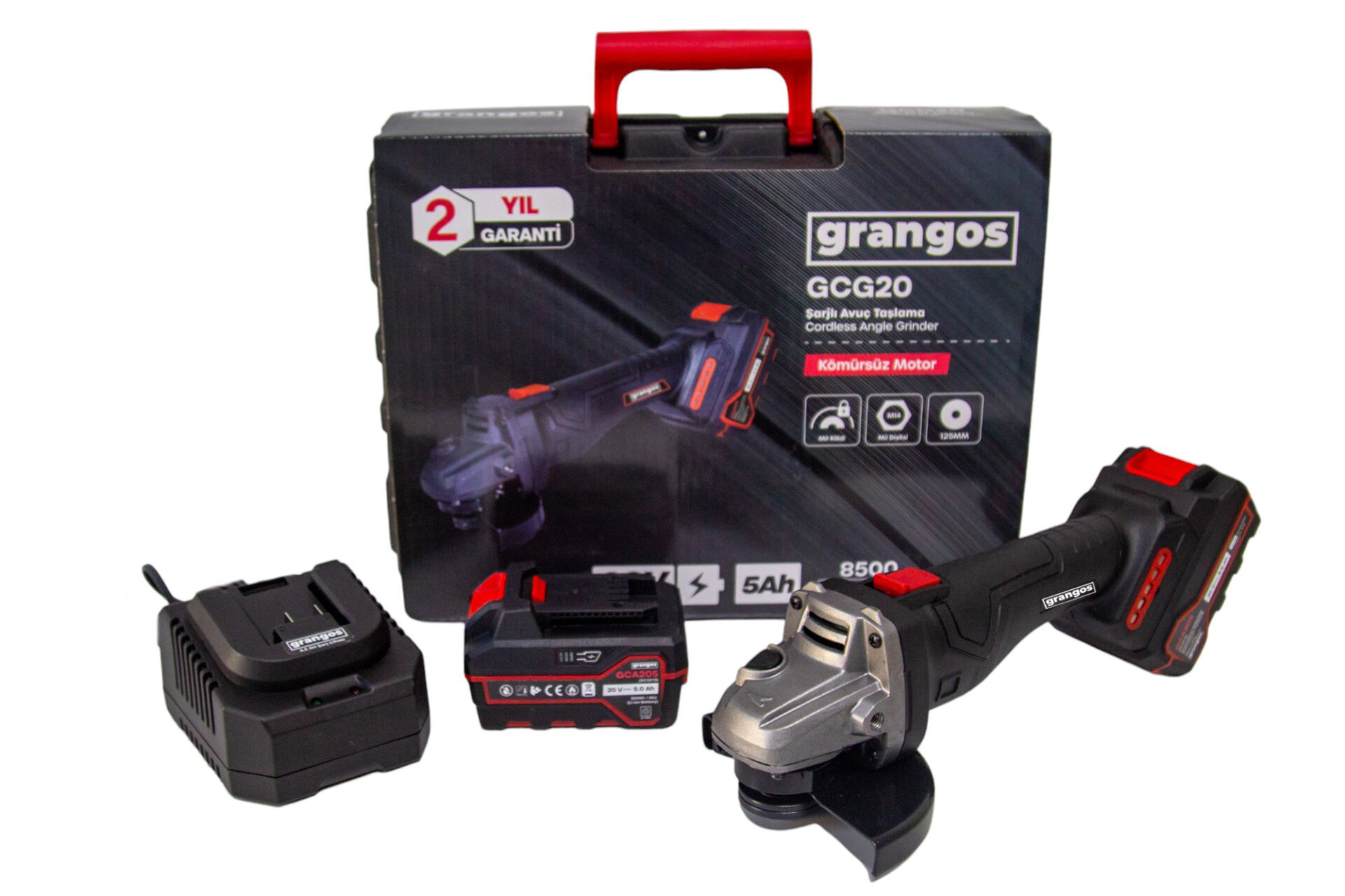 Grangos GCG20-F2 20V 5Ah Çift Akülü Kömürsüz Avuç Taşlama 125mm 8500 Devir Çantalı